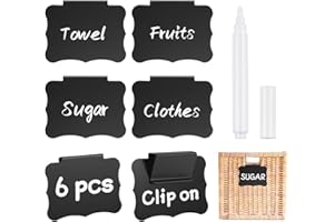 NIUBIER 6 Pcs Basket Labels for Storage Bins, Black Removable Bin Labels with White Chalk Markers, Erasable Basket Tags for Fabric Storage, Pantry, Organization Box