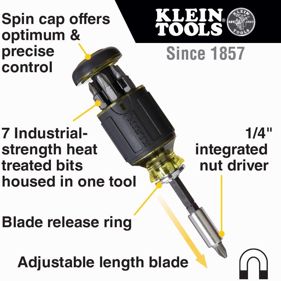 Klein Tools 32308 Multi-bit Stubby Screwdriver, Impact Rated 8-in-1 Adjustable Magnetic Tool with Phillips, Slotted - Image 3