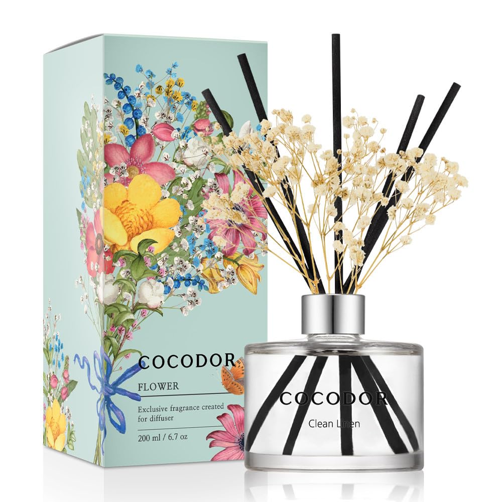 Photo 1 of COCODOR Flower Reed Diffuser Set / 6.7oz / Clean Linen/Scent Diffuser with Sticks Home Fragrance Reed Diffuser for Bathroom Shelf Decor