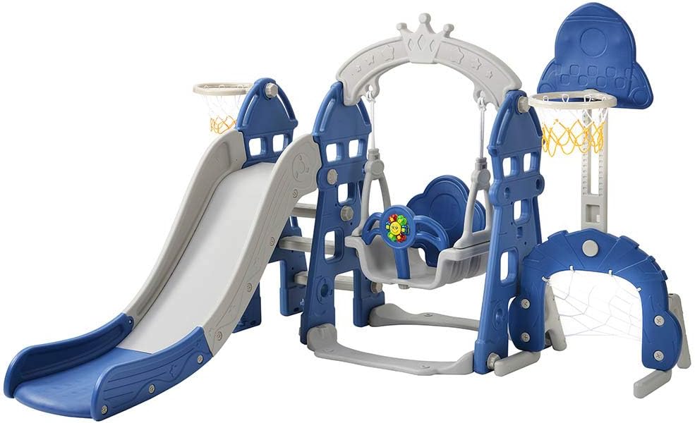 5 in 1 Kinderrutsche Spielturm Rutsche Kinder Kunststoff Multifunktionale Kleinkinderrutsche mit Schaukel Fußballtor Basketballkorb Spielplatz Indoor Spielhaus Set Kletterturm für Kinder ab 2 Jahren