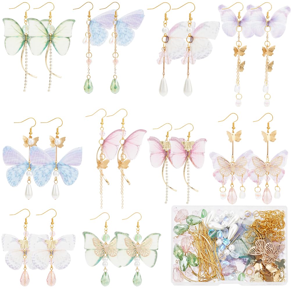 SUNNYCLUE 1 Box 10 Pairs Butterfly Earring Making Kit Fabric Butterfly Wing Butterfly Wings Charms Butterfly Charm Glass Beads for Jewellery Making Kits Women Adults DIY Dangle Earrings Supplies