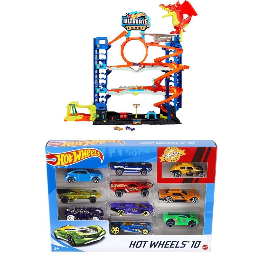 Bundle of Hot Wheels City Ultimate Garage Track Set with 2 Toy Cars & Car-Eating Dragon, Stores 50+ Vehicles, 4 Levels + Hot Wheels Set of 10 Toy Trucks and Cars, Styles May Vary (Amazon Exclusive)