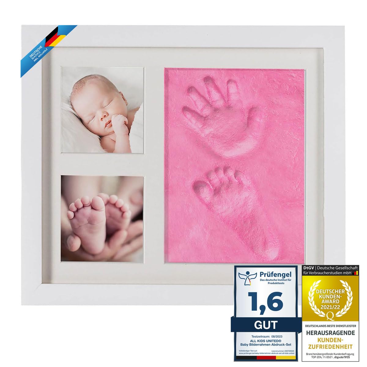 Baby Photo Frame Imprint/Ink Set - Photo frame for hand print, foot print & photos; gift set for birth, christening, baby part etc. 3-piece white (Plaster Pink)