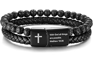 MEALGUET Men's Cross Bracelet for Men : Inspirational Bible Verse Bracelets Christian Catholic Religious Jewelry Christmas Gifts Ideas for Man, Healing Lava Rock Bead Cross Bracelet Leather Wristband