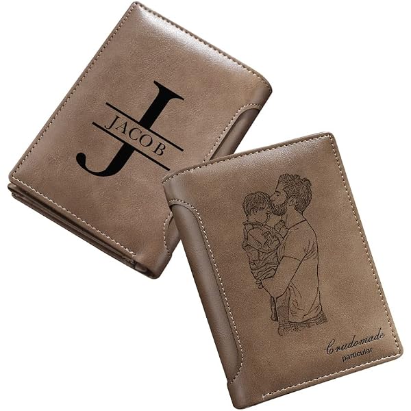 Personalized Leather Wallet For Men | Custom Engraved Photo & Name | Slim Bifold Fathers Day Gift, Khaki