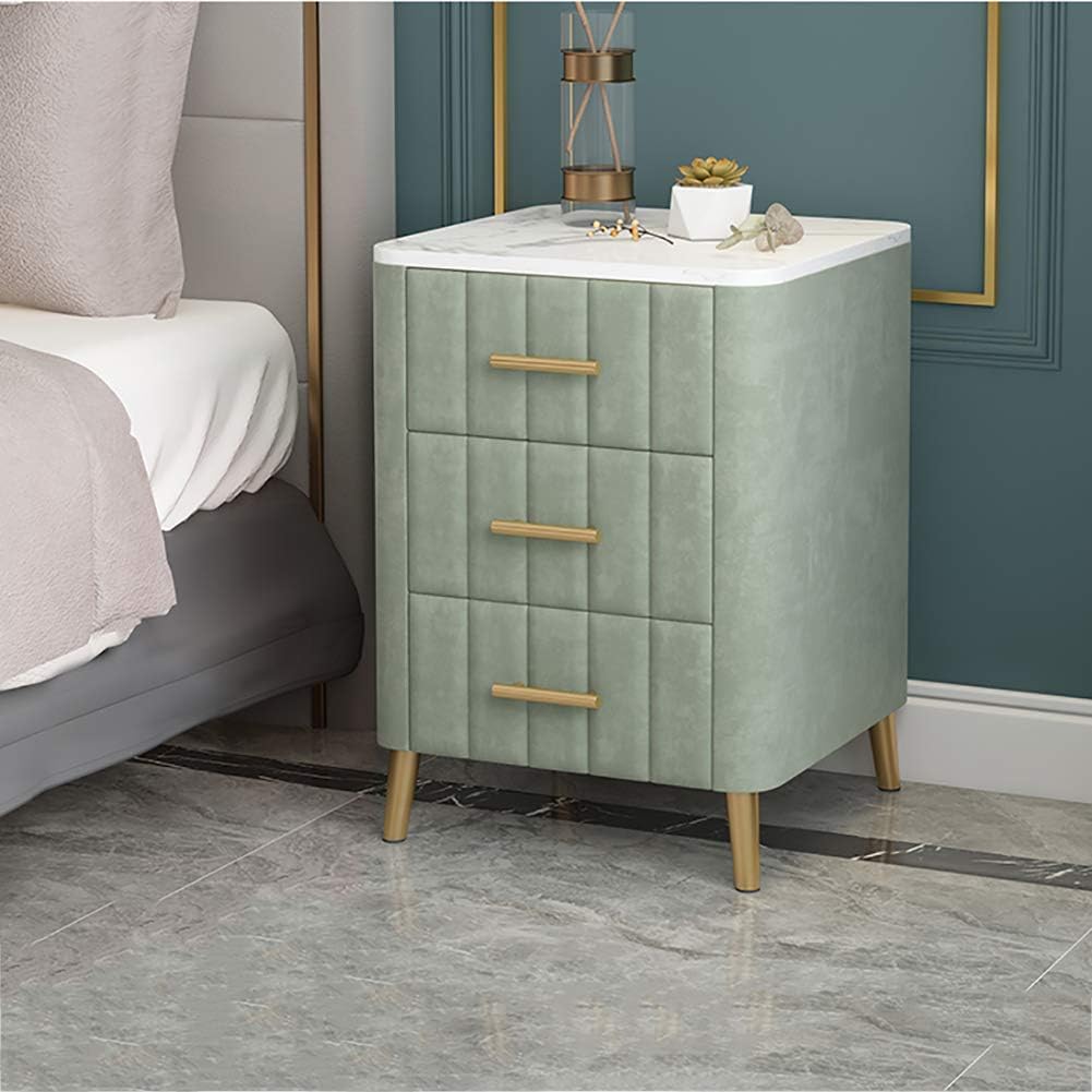 Amazon Com Pllxy Modern Nightstand With Marble Top Flannel Surface Metal Frame Bedside End Table 3 Drawer Coffee Table For Home Living Room Accessories Green 40x40x55cm 16x16x22in