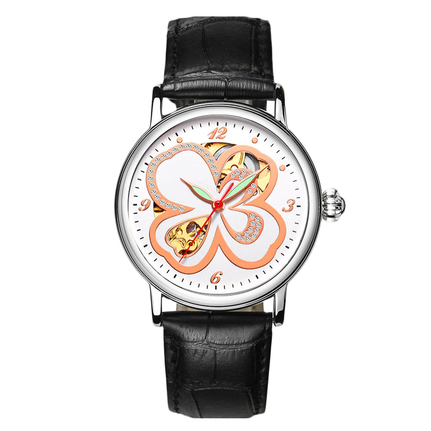 RORIOS Automatic Mechanical Watch for Women Luminous Simulated Diamond Skeleton Ladies Watches, Black Clover B, Strap