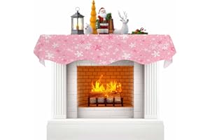 Kewadony Pink Christmas Fireplace Cover Mantel Scarf, Xmas Pink White Snowflake Winter Snow Fireplace Scarves Mantel Shelf Top Scarf Table Runner for Christmas/Halloween/Thanksgiving Decor, 90" x 17"