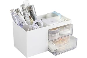 JIUMO Small Desk Organizer for Women Girls, Desk Storage Box, Desktop Storage, Vanity Storage with 5 Compartments, Plastic Makeup Organizer, Desktop Organizer for Office School Home (Small, White)