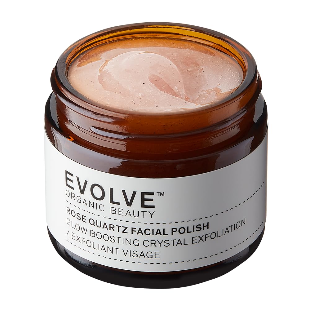 Evolve Organic Beauty Rose Quartz Facial Polish - with Rosehip Oil, Hibiscus extract & Quartz - Organic Exfoliating Face Scrub Suitable for All Skin Types (60ml)