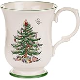 Spode Christmas Tree Footed Mug - 12 Oz Festive Mug for Coffee, Hot Cocoa, Lattes - Romantic Shape with Santa Design, Porcelain Mug - Dishwasher, Microwave, & Freezer Safe, Gift-Boxed