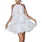 MakeMeChic Women's Wedding Guest Halter Mini Dress Ruffle Layered Sleeveless Summer Short Dress Flowy