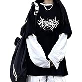 AIDISEN Goth Shirt Fake Two Piece Alternative Clothing Retro Baggy Long-Sleeved Top Garbage T-Shirts