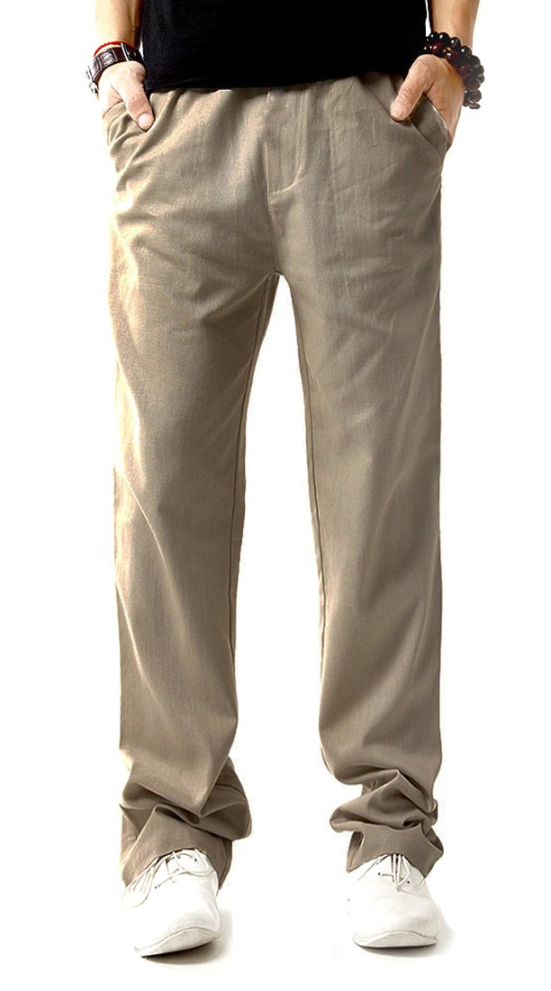 Ecupper Men's Casual Linen Pants Cotton Elasticated Waist Trousers with