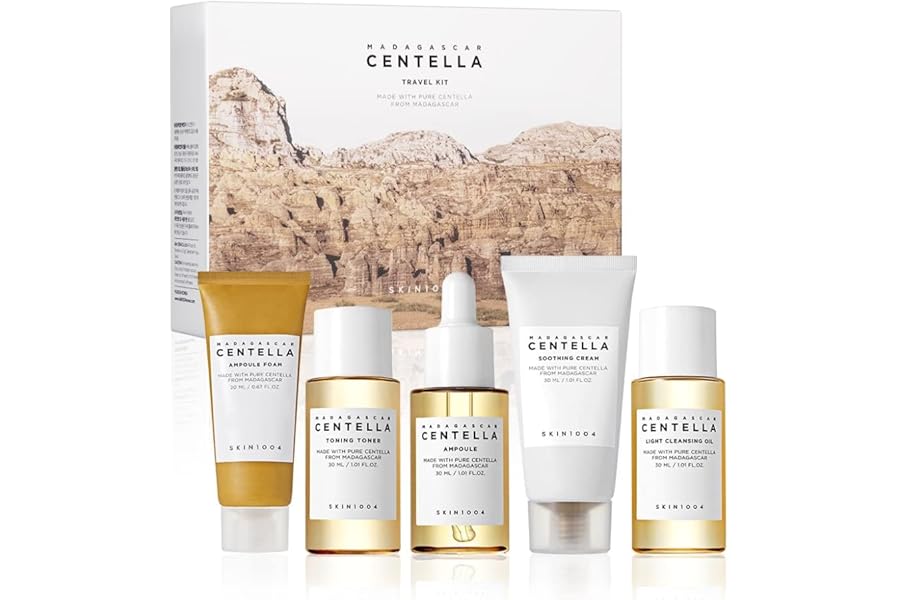 SKIN1004 Madagascar Centella Travel Kit, Toner, Ampoule, Soothing Cream, Cleansing Oil, Ampoule Foam, Basic Skincare Trial Kit Box , Gift Sets for Mom, Women & Mothers Day, Compact Size