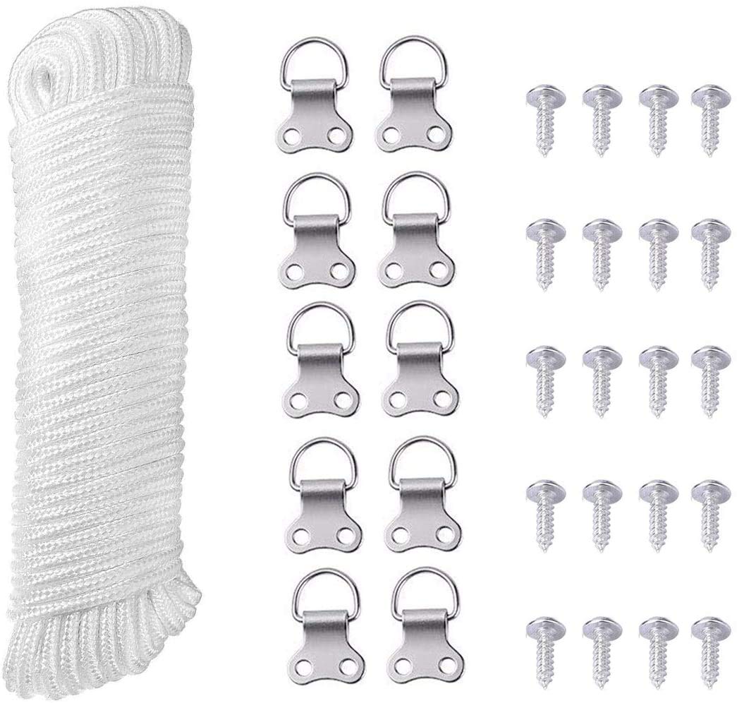 SISI UK® 6m x 3mm Picture Hanging Cord with 10 D-Ring Picture Frame Hanging Hooks and 20 Screws