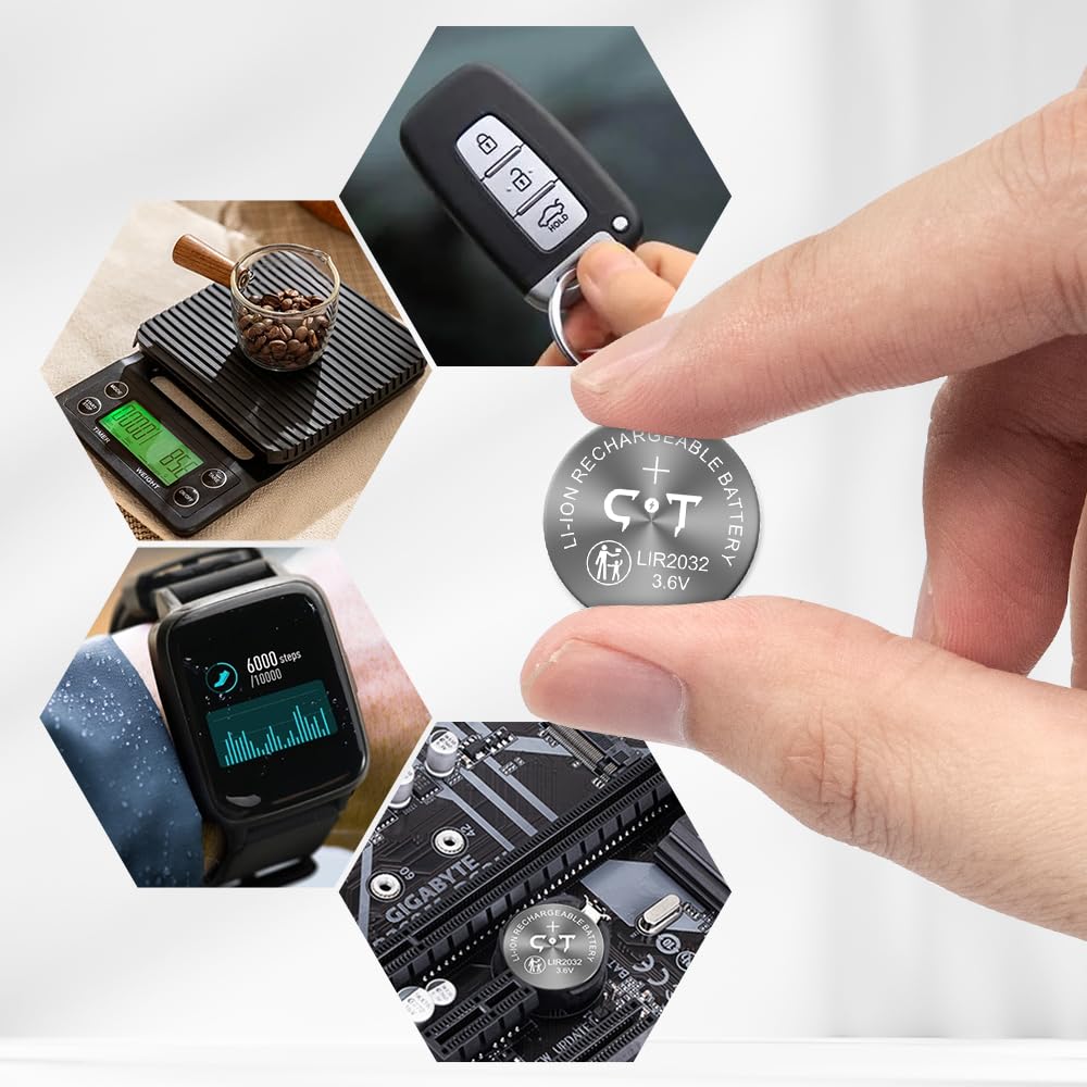 Rechargeable LIR2032 Batteries 3.6V Lithium Ion Button Coin Cell Batteries 2PCS AirTag Key Fobs Watch Battery Replacing