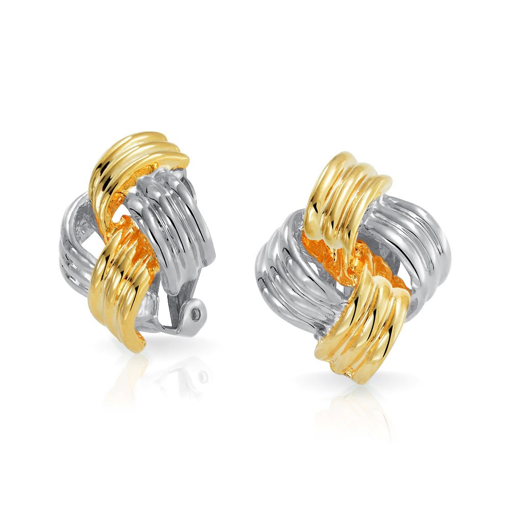Geometric Square Two Tone Rope Cable Love Knot Clip On Earrings For Women Non Pierced Ears Gold Silver Plated Brass — image 1