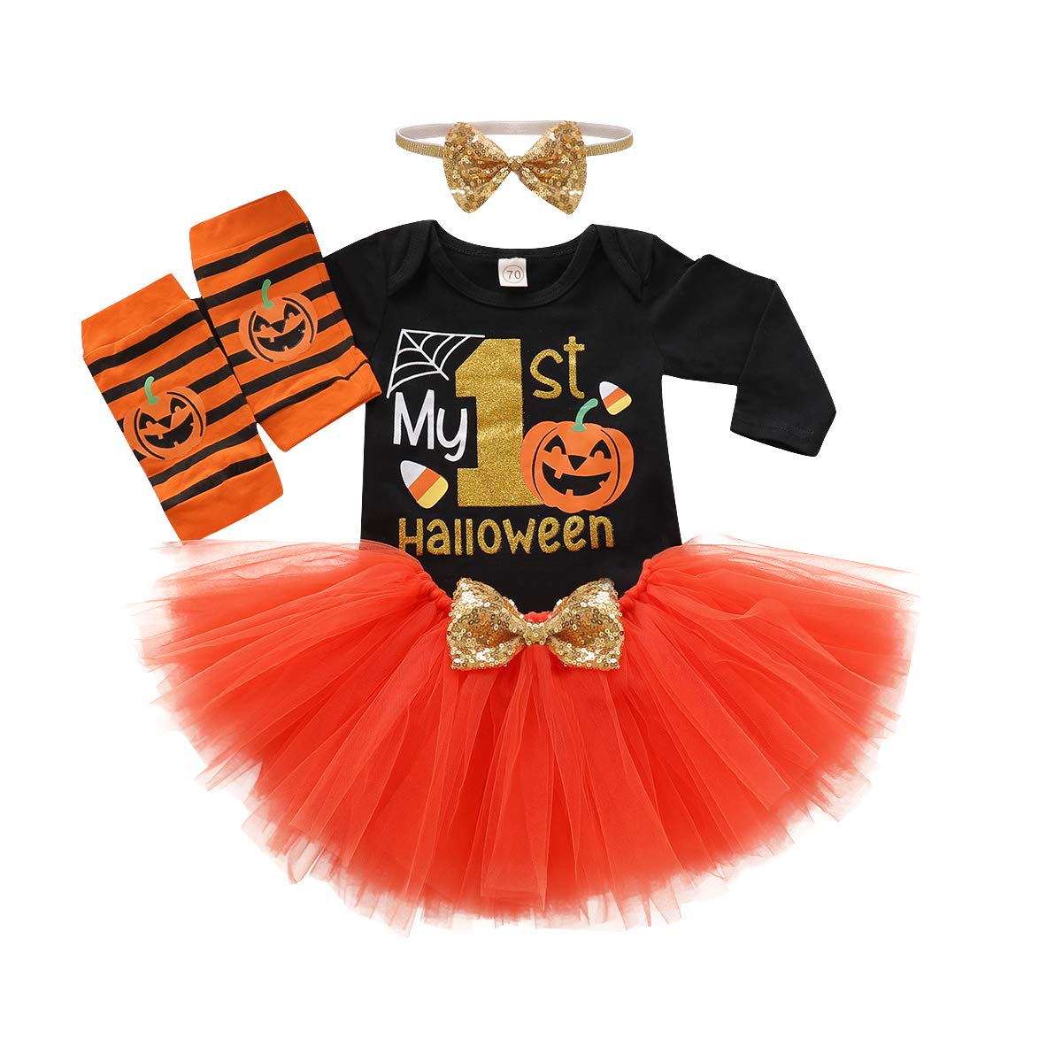 Baby Girl Halloween Costumes,My First Halloween Outfit Girl,Newborn Halloweens Costume,Infant Pumpkin Romper + Leg Warmers + Tutu Skrit + Headband,4pcs Halloweens Baby Clothes Set 6-12 Months,Orange