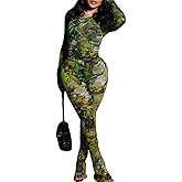 Sexy 2 Piece Set Jumpsuit for Women Floral Print See Through Mesh Long Sleeve Going Out Top and Flare Pants Sets