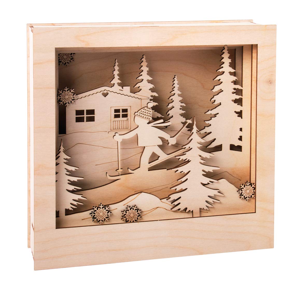 Rayher 62888505 Wood.constr.3D Motif-Frames,FSCMixCred., Natural, 24x24x6.3cm, Skier, 20-Part, Box 1Set