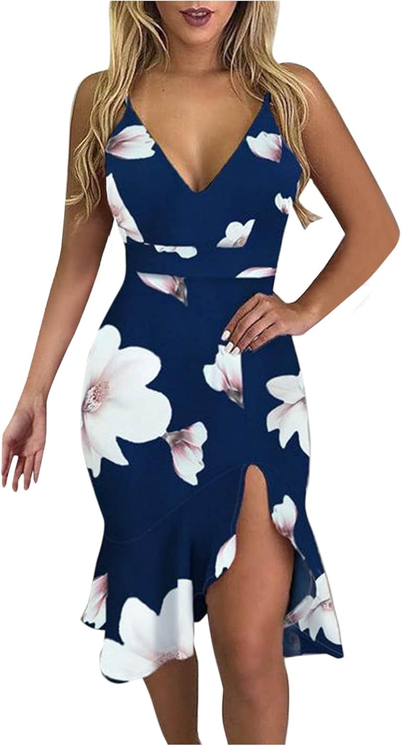 Address Signs - KANGMOON Women's Casual Summer Bohemian Dress Sexy V-Neck Irregular Floral Print Mini Dress Beach Sundress Party Dress