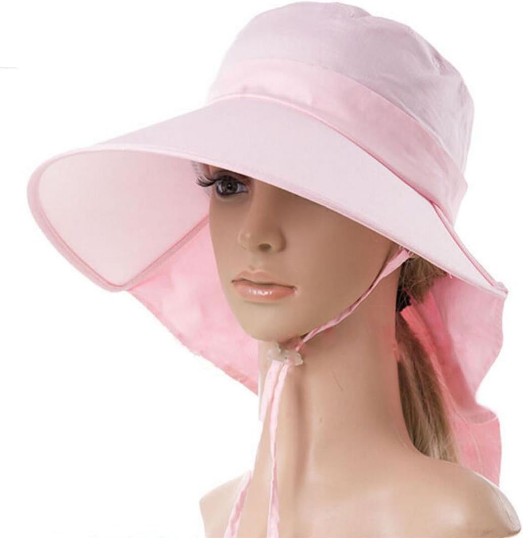 Womens Sun Hat Beach Summer Flap Cover Cap Cotton Anti-UV UPF 50+ Sun Shade Hat with Bow Wide Brim Chain Strap Adjustable Hat