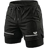 XimErik Mens Shorts with 2in1 Compression Liner, Adjustable Waist, Dual Pockets, Reflective Line, Quick-Dry Fabric for Men