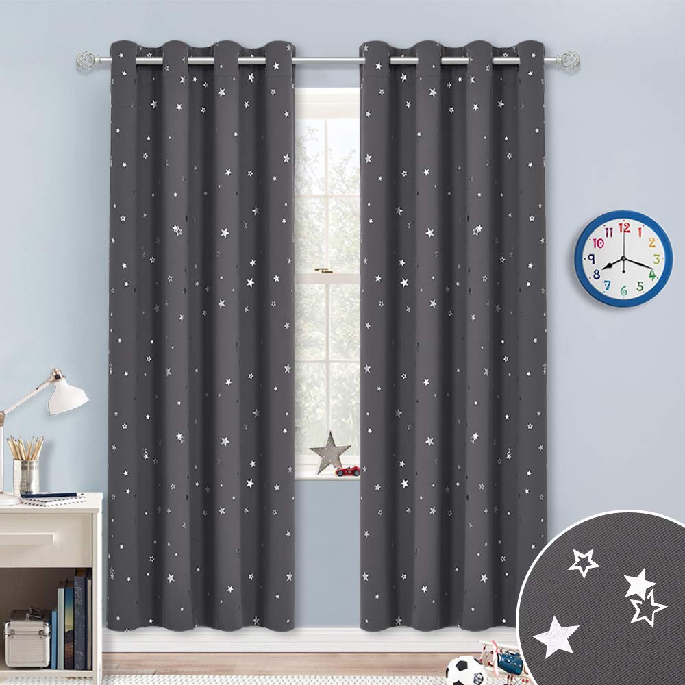 PONY DANCE Thermal Curtains 72 Inch Drop - Kids Curtains with Eyelet Foil Printed Pattern Blackout Curtains Noise Reducing for Girls Boys Bedroom, Grey, 46 Inch Wide, 2 Panels — image 1