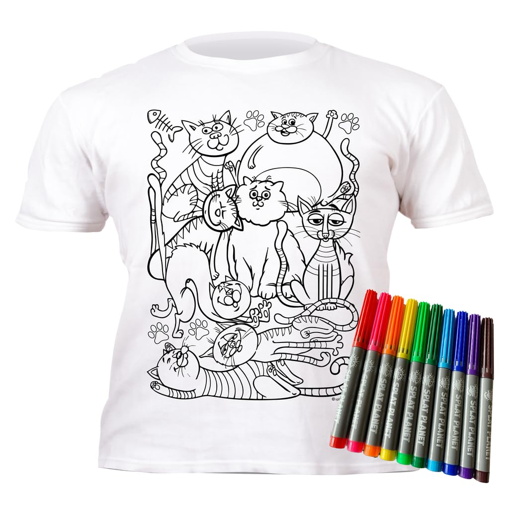 Splat Planet Cats Magic Colouring T-Shirt with 10 Non-Toxic Washable Magic Pens - Colour Your T-Shirt, Colour & Wash & Recolour (7-8 Years)