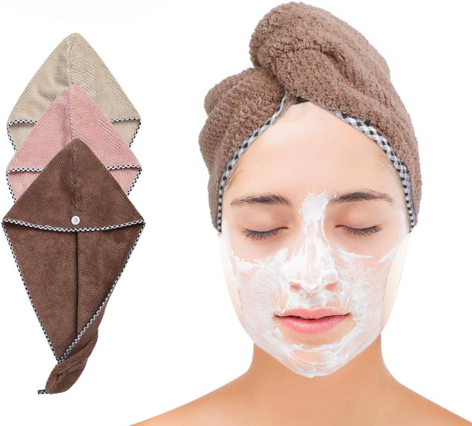 Microfiber Hair Towel, UUJOLY Hair Towel Wrap, Absorbent Hair-Drying Towel Wrap for Women and Girls, 3 Pack (Pink & Brown & Khaki)