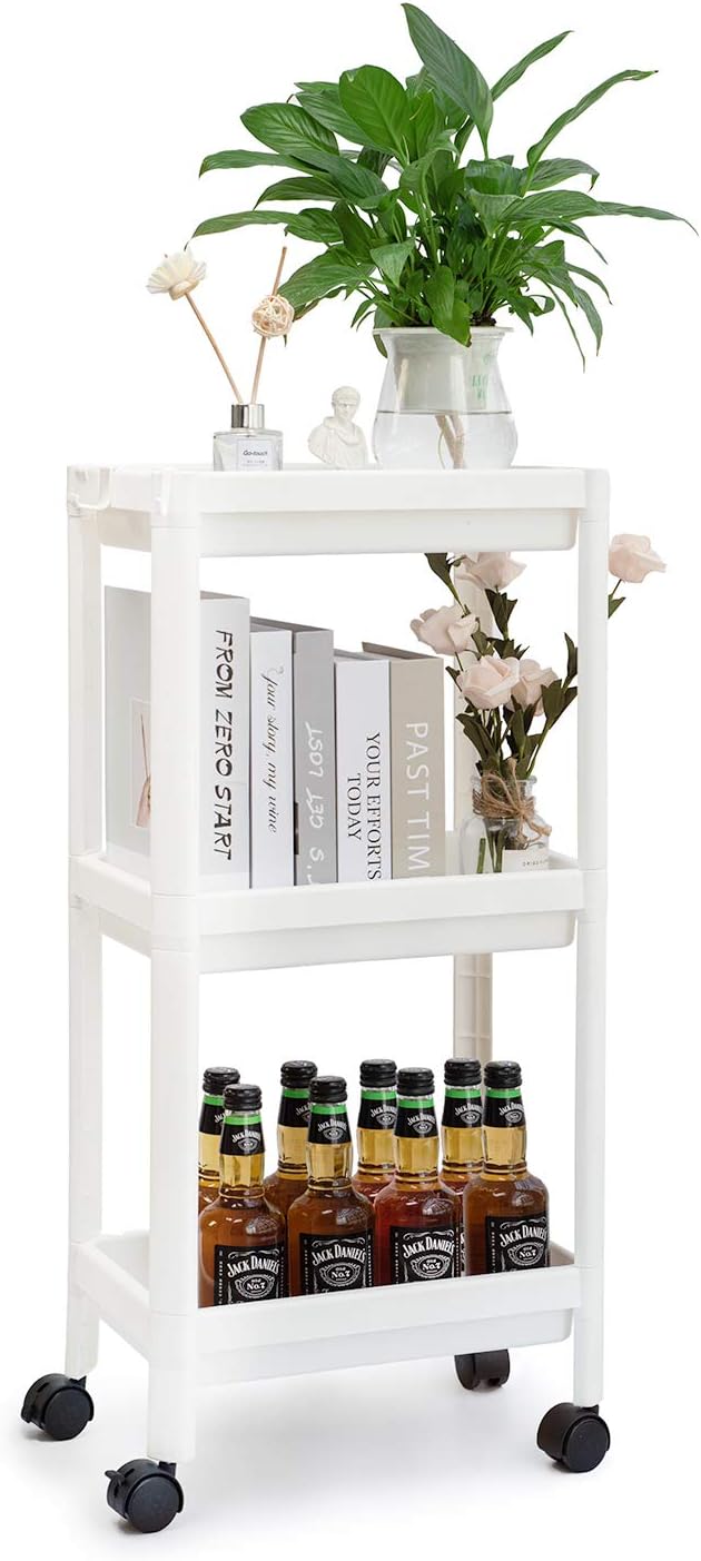 BKEJOY 3 Tier Rolling Cart, Storage Cart with Wheels for Office, Kitchen, Bedroom, Bathroom, Laundry Room & Dressers(White): Furniture & Decor