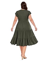 Moon Wood Womens Plus Size V Neck Ruffle Midi Dress
