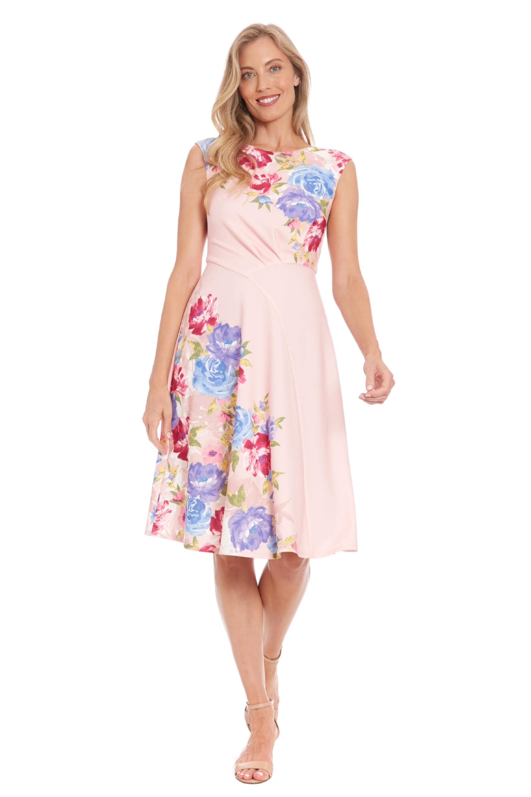 London Times Women’s Dresses Women’s Fit & Flare Midi Dress with Cap Sleeves – Stretchy Formal Fabric – Special Occasion Wedding Guest Dress, Shell Pink/Peony Pink, 14