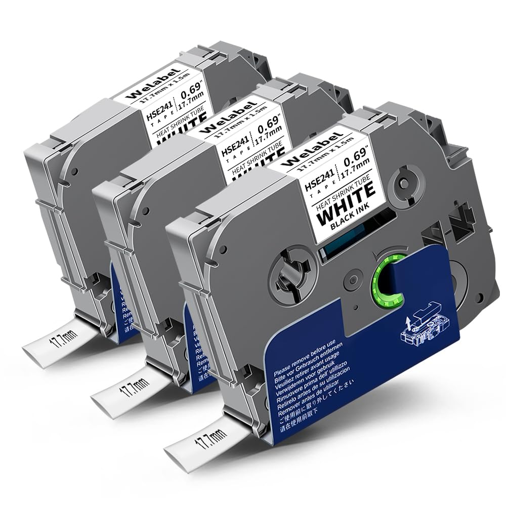 Welabel 3X Compatible HSe-241 HSe241 for Brother Tze 17.7mm Heat Shrink Tube Label Tape Black on White for P-Touch PT-D600 PT-D450 PT-P750W PT-E550WVP PT-D610BT PT-E300VP PT-E560BTVP PT-E500