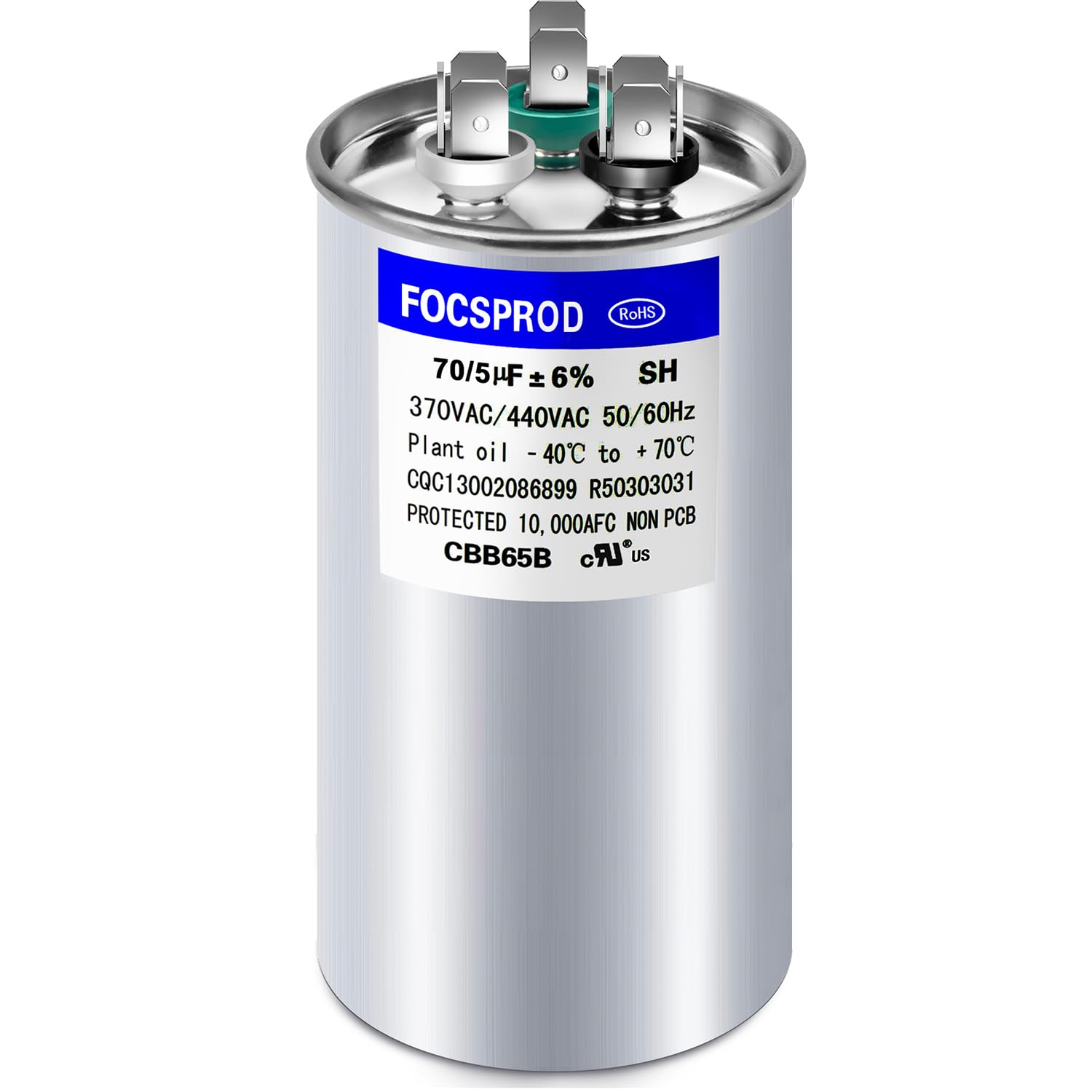 Photo 1 of [UL Recognized] FOCSPROD 70+5 uF 70/5 MFD ±6% 370V/440V CBB65B AC Capacitor, Dual Run Round Capacitor Replacement, 70 5 uF 440 Volt HVAC for AC Unit Fan Motor Start or Heat Pump or Condenser Straight