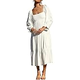 R.Vivimos Women's Fall Cotton Lantern Long Sleeve Square Neck Casual Backless Boho Midi Dress