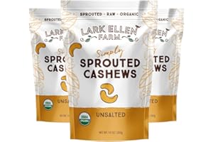 Lark Ellen Farm Unsalted Organic Raw Cashews, Sprouted, Air-Dried, Gluten-Free, Non-GMO, Vegan, Keto, Certified USDA, Peanut-Free Facility, Resealable Bag (10 oz, 3 pack)