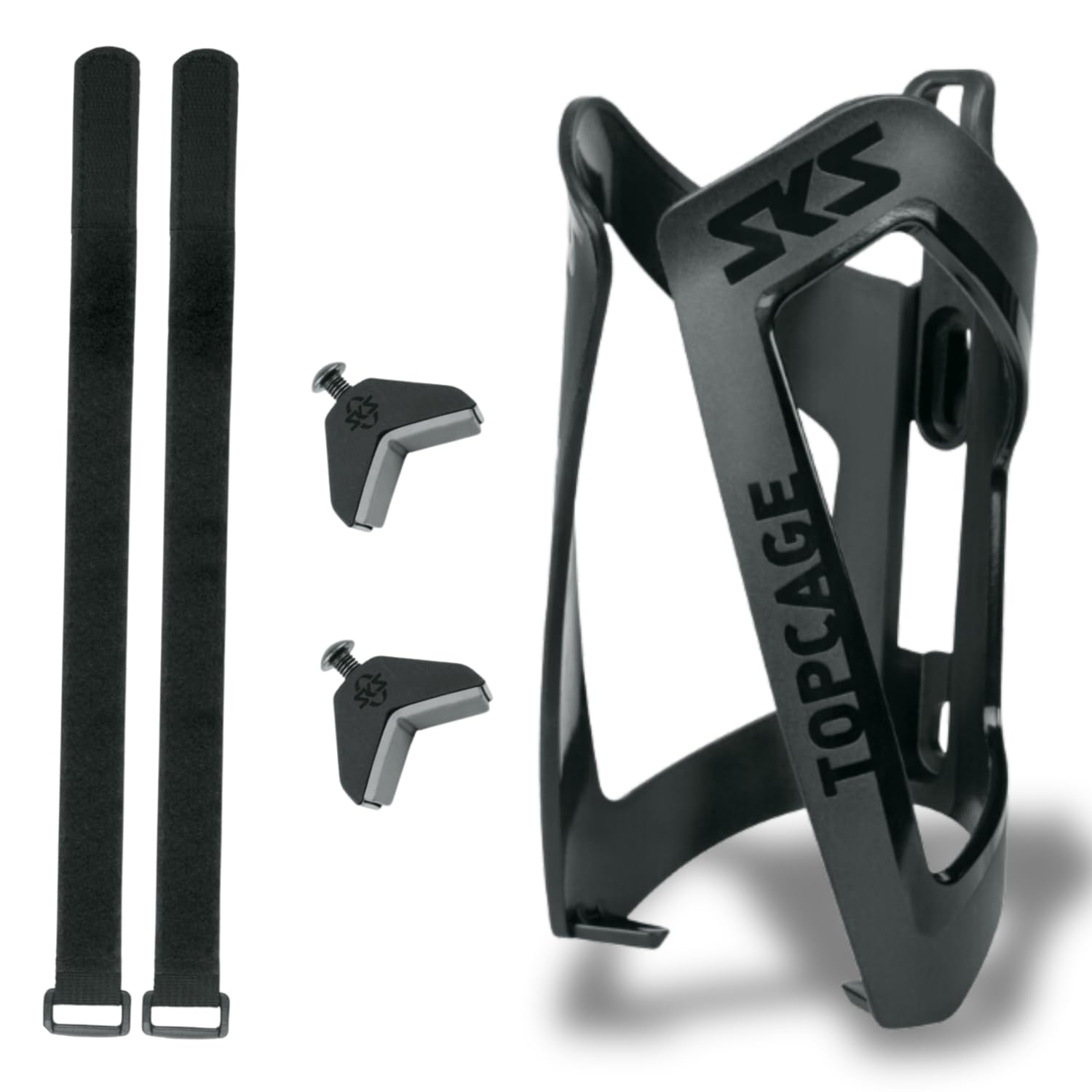 SKS GERMANY ANYWHERE TOPCAGE bottle cage, bike accessories (bottle cage for bikes, including straps for tubes with a diameter of up to 80 mm, secure bottle hold), black.