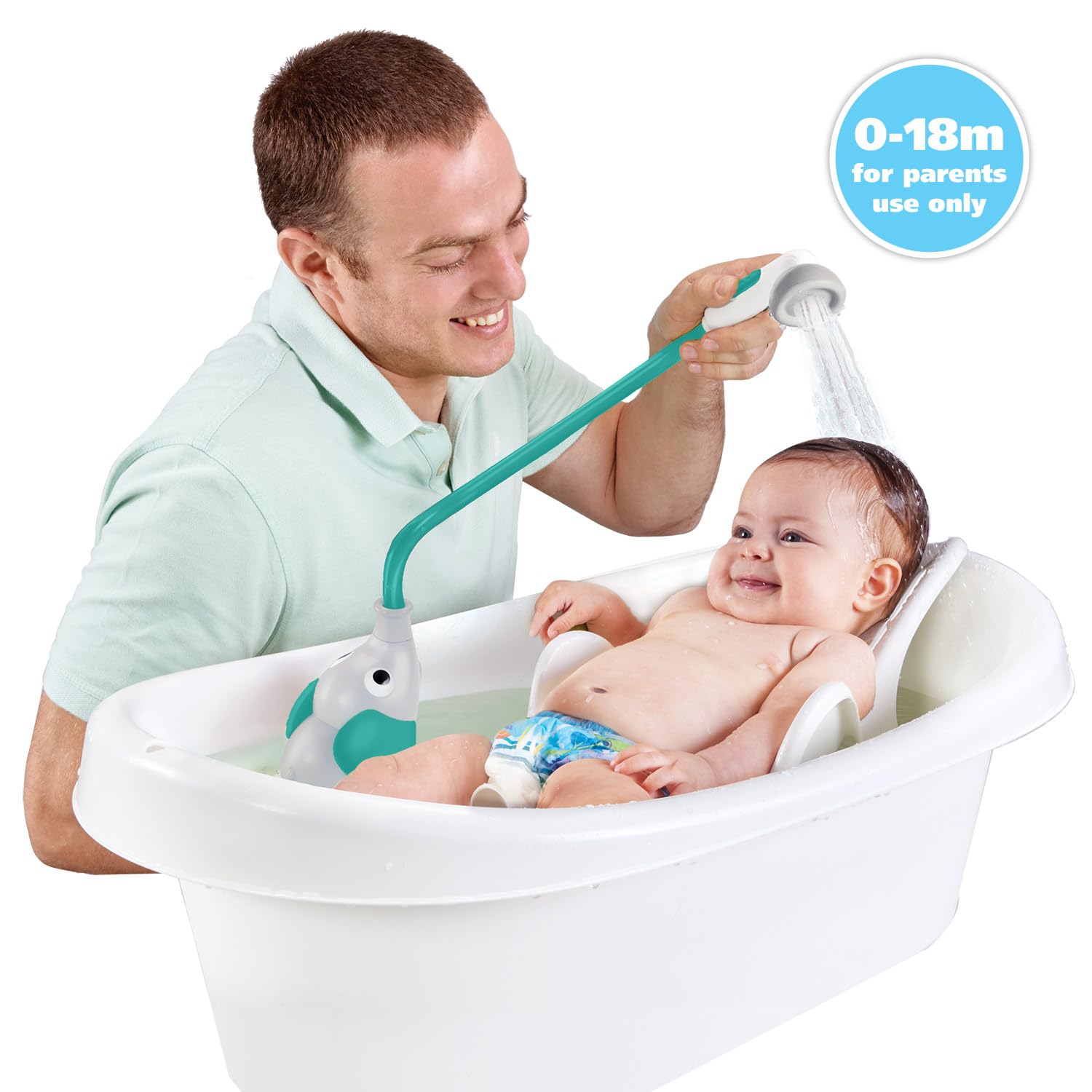 Yookidoo Baby Bath Shower Head - Elephant Water Pump with Trunk Spout Rinser - Control Water Flow from 2 Knobs for Maximum Fun in Tub or Sink for Newborn Babies (Grey and Forest Green)