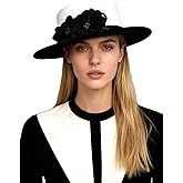 HIMESPORT Women's Black/White Dome and Flat Brim Wool Felt Fedora Hat with Flower Beaded Formal Church Cocktail Hats