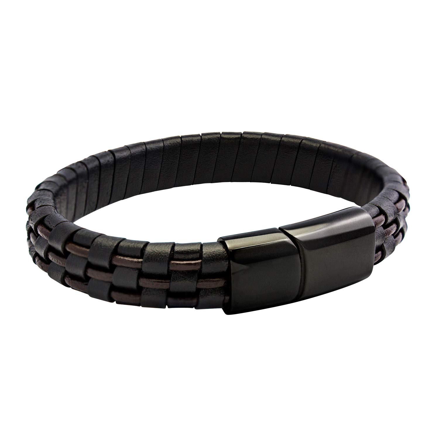 555Jewelry Mens Bracelets Leather and Steel, Magnetic Clasp Unique Braided Brown & Black Leather Bracelets for Men, Mens Leather Bracelet, Men Bracelets, Black, 9 Inch
