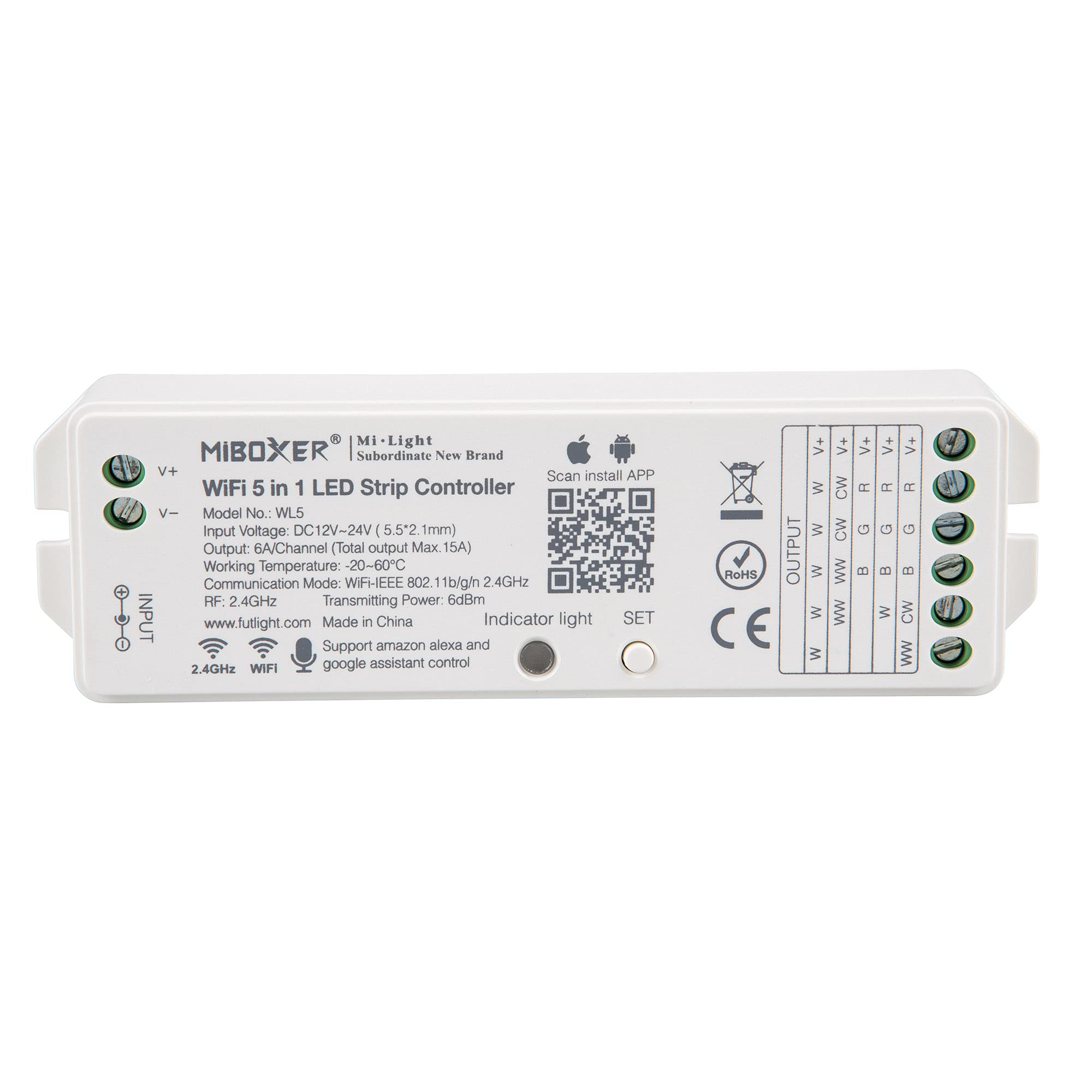 lighteu®, Milight Miboxer 5in1 WiFi LED Strip Controller, Amazon Alexa and Google Home Voice Control Remote and APP Control, no WiFi-Box Needed Compatible with 5 Different Output Mode, DC12-24V, WL5