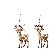 Christmas Reindeer Dangle Earrings, Flat Acrylic, Santa Hat Design, 3.1 inch Length