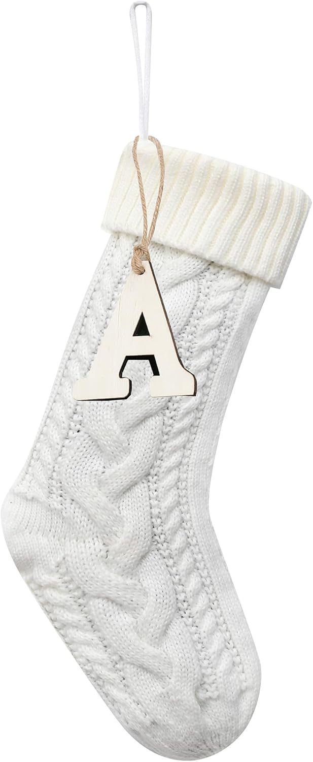 Stockings & Holders - Sxmder 19 Inches Personalized White Cable Knitted Christmas Stockings, Large Knitted Christmas Stockings with Wooden Letter Tag for Holiday Christmas Party Family Decor (Letter A)
