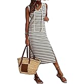 BLENCOT Womens 2025 Spring Summer V Neck Striped Dress Sleeveless String Side Slit Casual Maxi Beach Dress