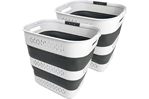 SAMMART 40L (10.5 Gallon) Collapsible Plastic Laundry Basket with Handles - Foldable Pop Up Storage Container/Organizer - Portable Laundry Hamper - Space Saving (2, White/Steel Grey)