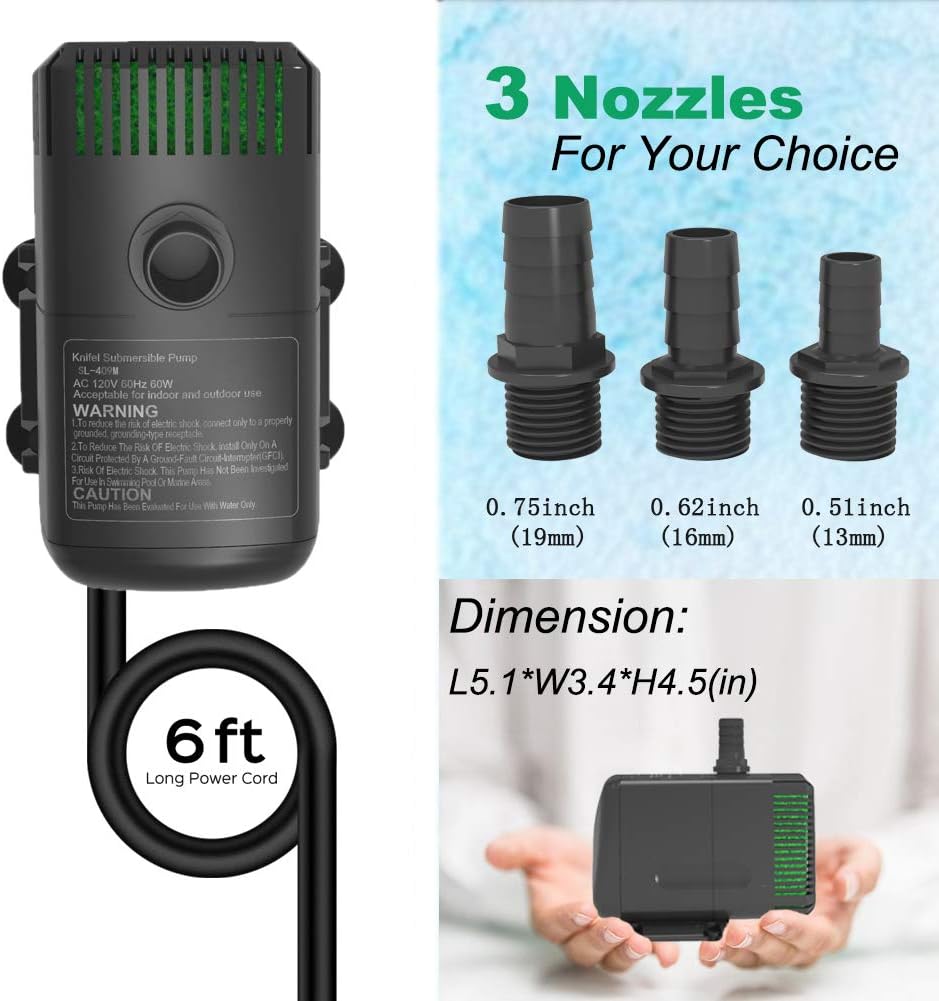 Knifel Submersible Pump 880GPH Ultra Quiet with Dry Burning Protection 10.2ft High Lift for Fountains, Hydroponics, Ponds, Aquariums & More…………: Home Improvement