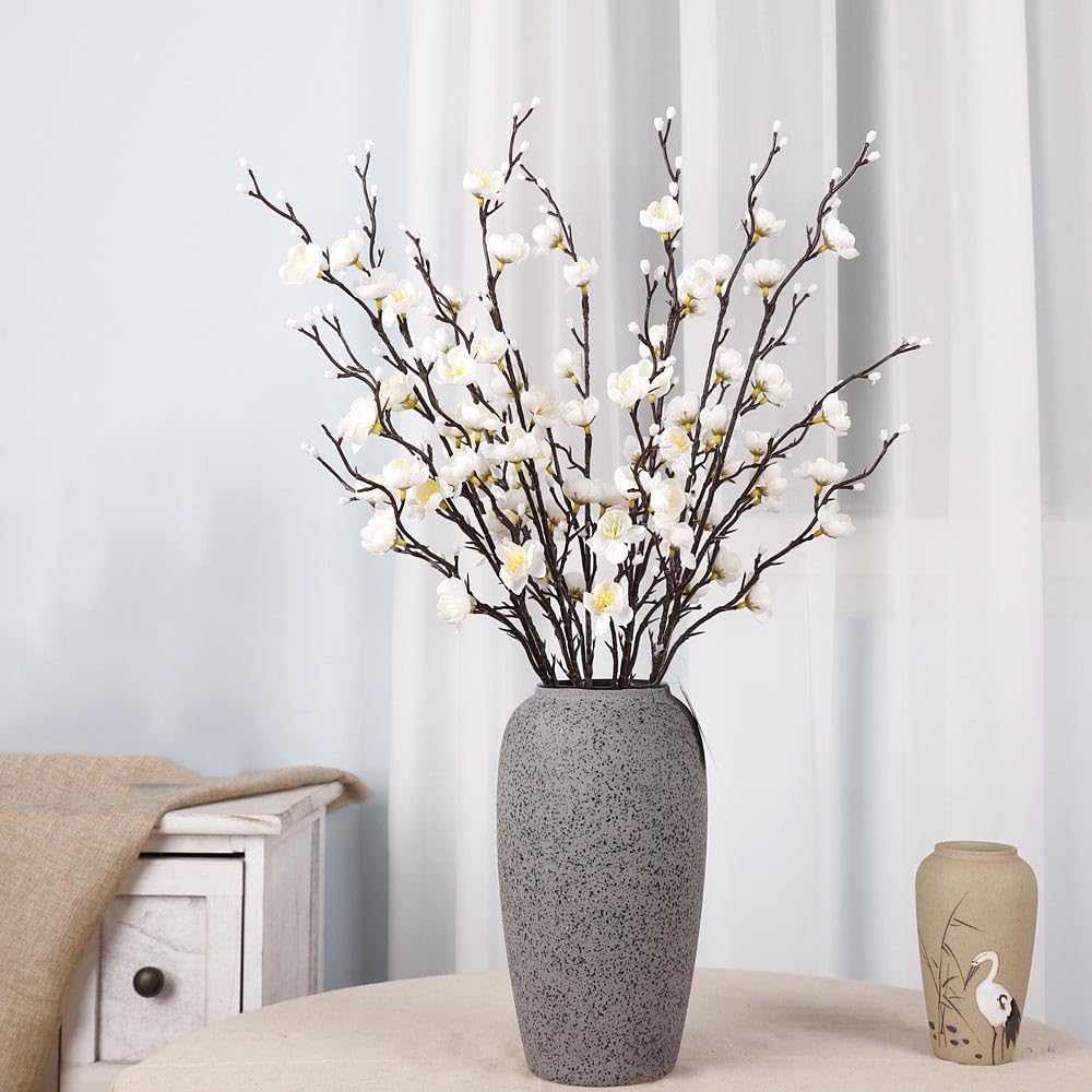 LGEGE White Artificial Flowers 12Pcs Set - Fake Plum Blossom that Looks Real, 55cm Long for Vase, Perfect for Home Office Decoration