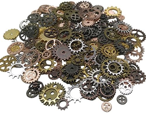 200 Gram (Approx 170pcs) DIY Assorted Color Antique Metal Steampunk Gears Charms Pendant Clock Watch Wheel Gear for Crafting, Cosplay Halloween Decoration,Jewelry Making Accessory